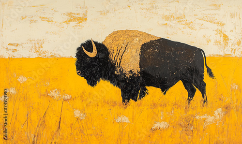 Bison in the yellow grass field photo