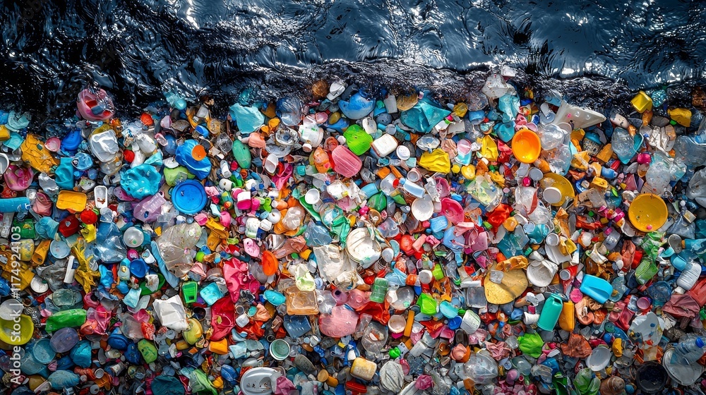 Fototapeta premium Vast Ocean Polluted with Plastic Waste Under a Clear Sky