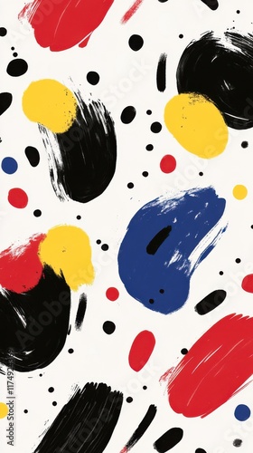 Vibrant pop art collage with a 90s aesthetic, featuring bold brush strokes and colorful abstract shapes in red, yellow, blue, and black on a white background.