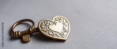 there is a gold heart shaped key with a key ring.