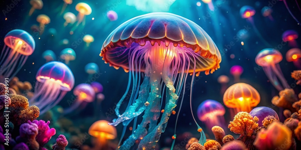 Fototapeta premium Mesmerizing Jellyfish: Deep Ocean Bioluminescence, Underwater Exploration