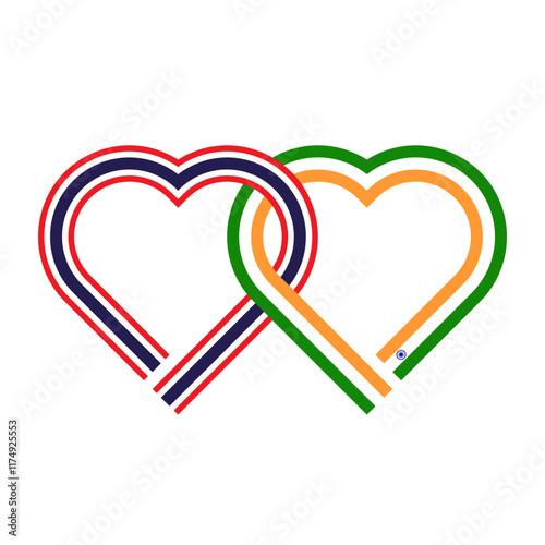 heart shaped ribbon of thailand and india flags intertwined. vector illustration isolated on white background