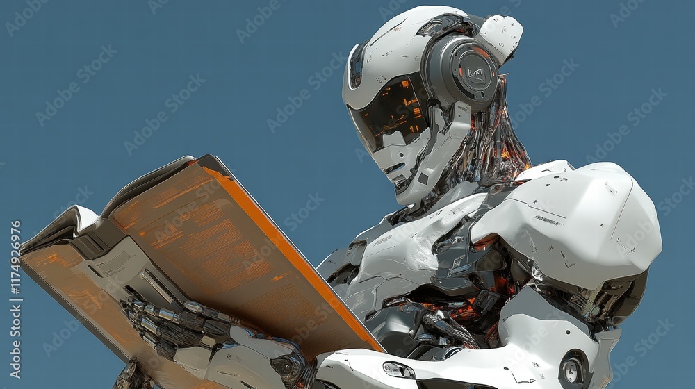 A futuristic white robot engrossed in reading a large glowing orange book against a clear blue sky. Ideal for technology education or sci-fi visuals. A futuristic white robot engrossed in reading a large glowing orange book against a clear blue sky. Ideal for technology education or sci-fi visuals.