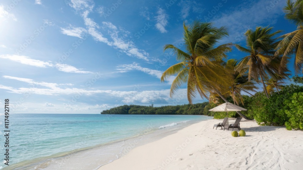 Panoramic tropical beach scene with a couple sitting under an umbrella surrounded by palm trees Panoramic tropical beach scene with a couple sitting under an umbrella surrounded by palm trees