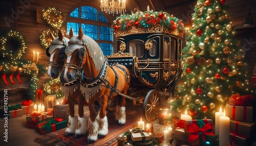 A Couple of Brown Horses with a Luxury Royal Carriage Decorated with Beautiful Christmas Ornaments