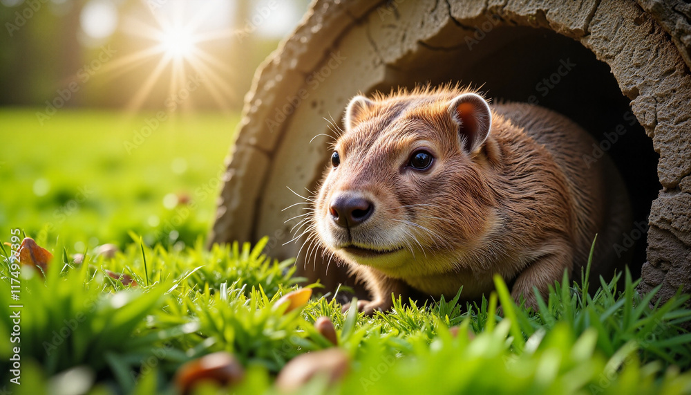 Fototapeta premium Capybara emerging from burrow in green grass