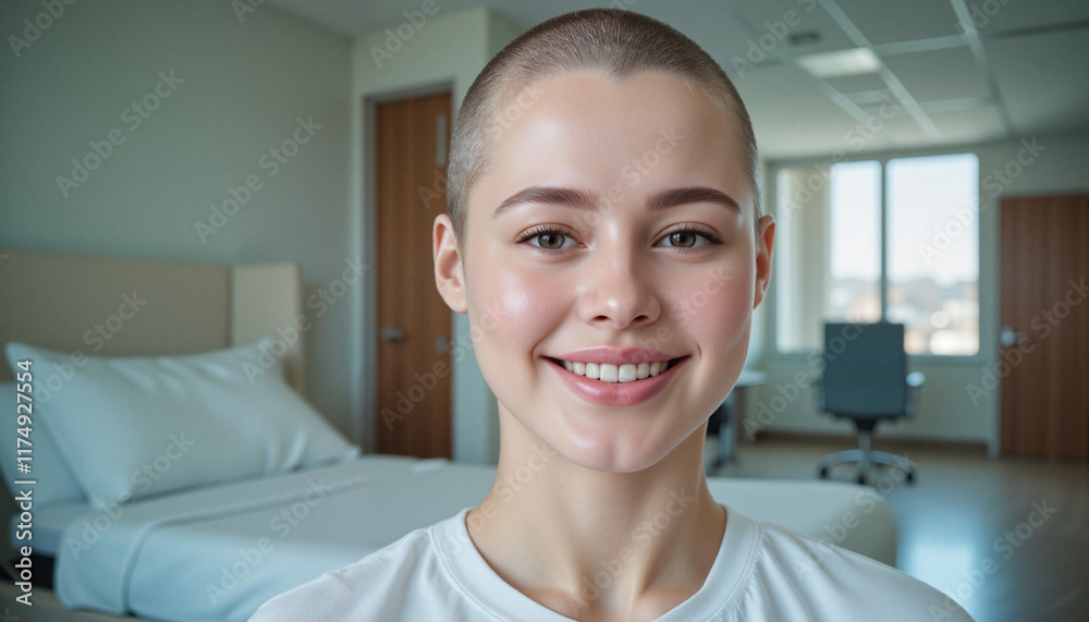 Smiling young woman in a bright, modern hospital room Smiling young woman in a bright, modern hospital room