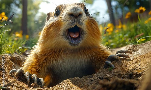 Adorable Prairie Dog Peeking from Burrow with Surprised Expression - Close Up Wildlife Photography