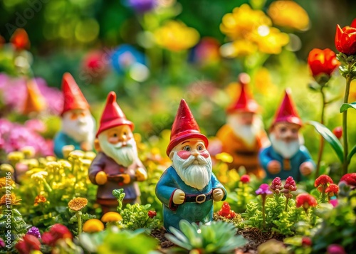 Miniature Garden Gnomes in a Vibrant Flower Garden, Tilt-Shift Photography
