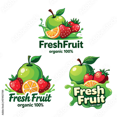 Fresh fruit logo featuring vibrant organic fruits like apples, limes, and strawberries, promoting healthy eating