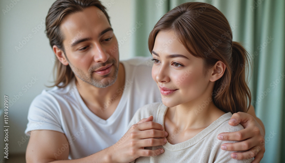 Couple sharing affectionate moment in cozy indoor setting Couple sharing affectionate moment in cozy indoor setting