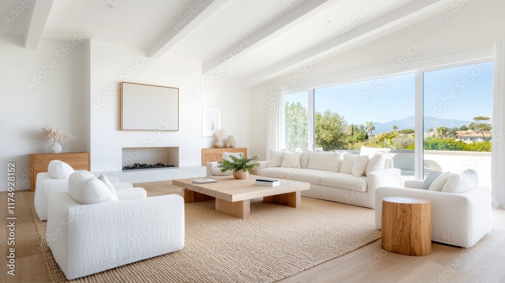 Fototapeta premium Modern Minimalist Living Room Interior with Bright Natural Light and Scenic View