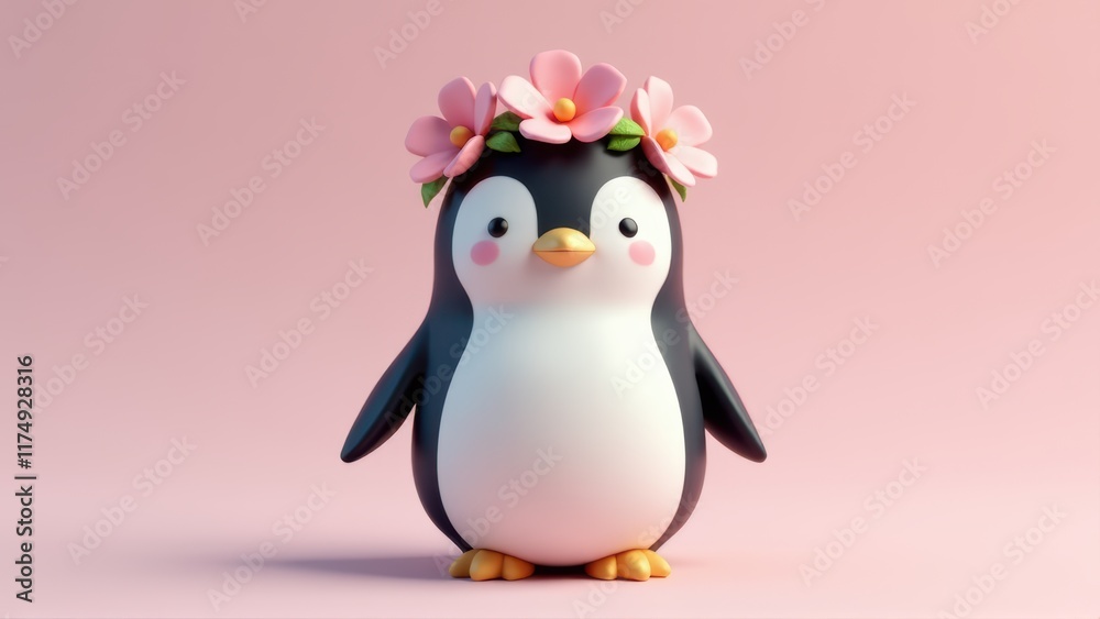 Obraz premium Cute Penguin with Flower Crown on Pink Background