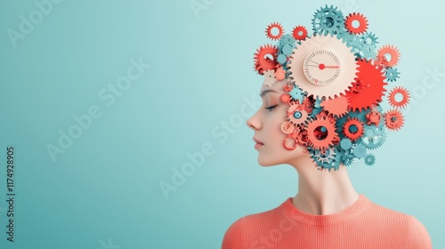 A double exposure portrait of a woman superimposed with the intricate gears and mechanisms of a clock, suggesting the complex workings of the human mind and emotions.