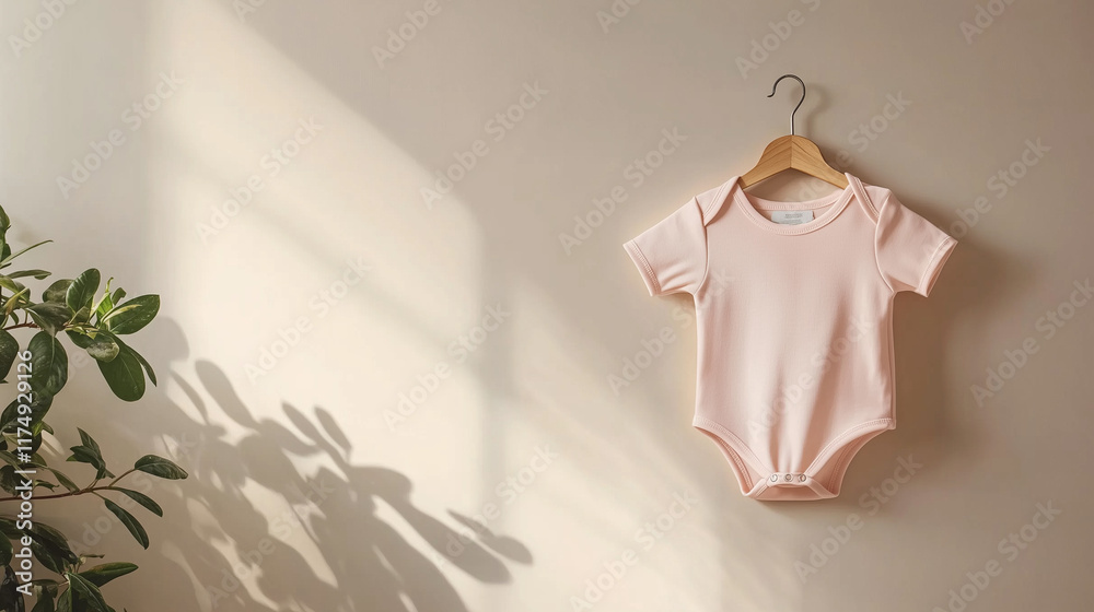Pastel baby onesie on hanger against beige wall Pastel baby onesie on hanger against beige wall