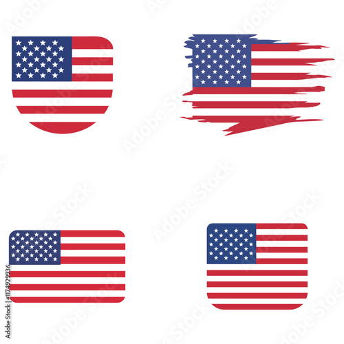 USA flag icons vector set. United States of America flat badges.Flag of usa vector flat symbol collection USA flag labels set Set of American flag icons in the shape of heart 
