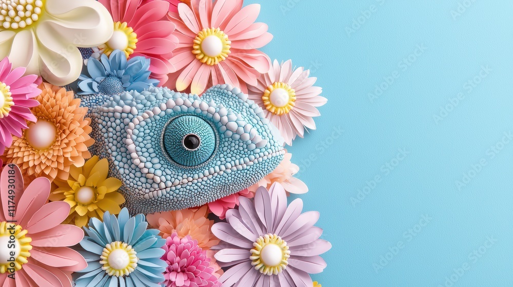A chameleon blending seamlessly with a background of brightly colored flowers, its skin changing to match their hues, highlighting its ability to adapt and the beauty of camouflage. A chameleon blending seamlessly with a background of brightly colored flowers, its skin changing to match their hues, highlighting its ability to adapt and the beauty of camouflage.