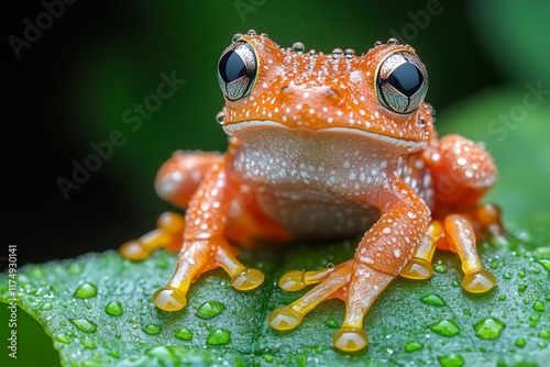 A colorful tree frog clinging to a branch under moonlight. Generative AI photo