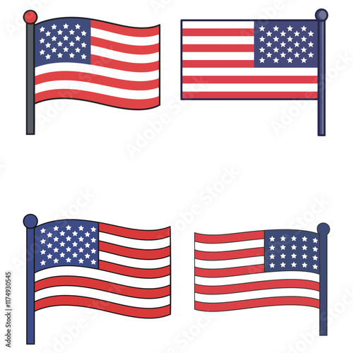 USA flag icons vector set. United States of America flat badges.Flag of usa vector flat symbol collection USA flag labels set Set of American flag icons in the shape of heart 
