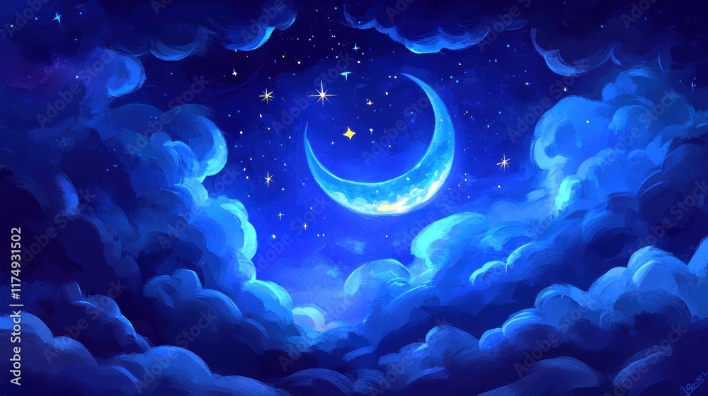 A vibrant crescent moon smiles amidst a starry night sky. Ideal for whimsical designs, children's books, or dreamlike backgrounds. A vibrant crescent moon smiles amidst a starry night sky. Ideal for whimsical designs, children's books, or dreamlike backgrounds.
