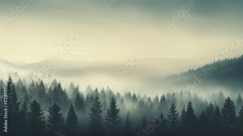 Misty landscape with dense fir forest, warm vintage retro style, soft lighting, cool tones, ample copy space