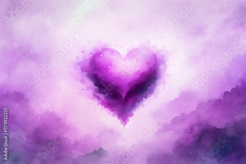 Purple watercolor heart, dreamy background, romantic illustration, soft hues, artistic design, emotional expression.