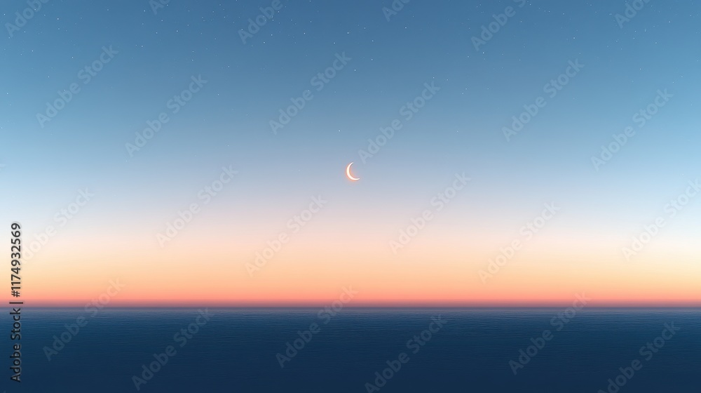 A minimalist seascape with a crescent moon and starry sky. Ideal for backgrounds, meditation apps, or promoting tranquility and mindfulness. A minimalist seascape with a crescent moon and starry sky. Ideal for backgrounds, meditation apps, or promoting tranquility and mindfulness.