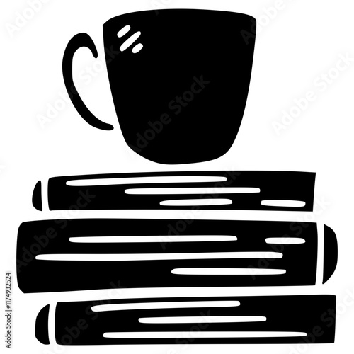 cup of coffee with stack of books hand drawn glyph illustration