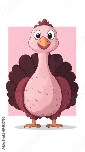 A cute cartoon turkey with a smiling face, standing against a pink background. It has vibrant feathers and a friendly appearance, ideal for Thanksgiving themes.