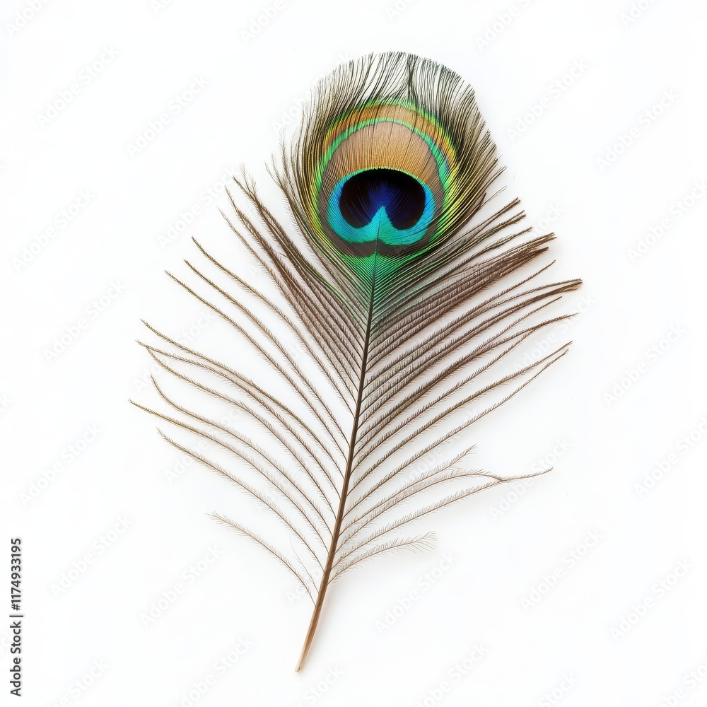 Fototapeta premium A single peacock feather on a white background