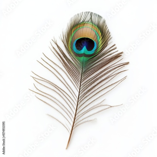 A single peacock feather on a white background