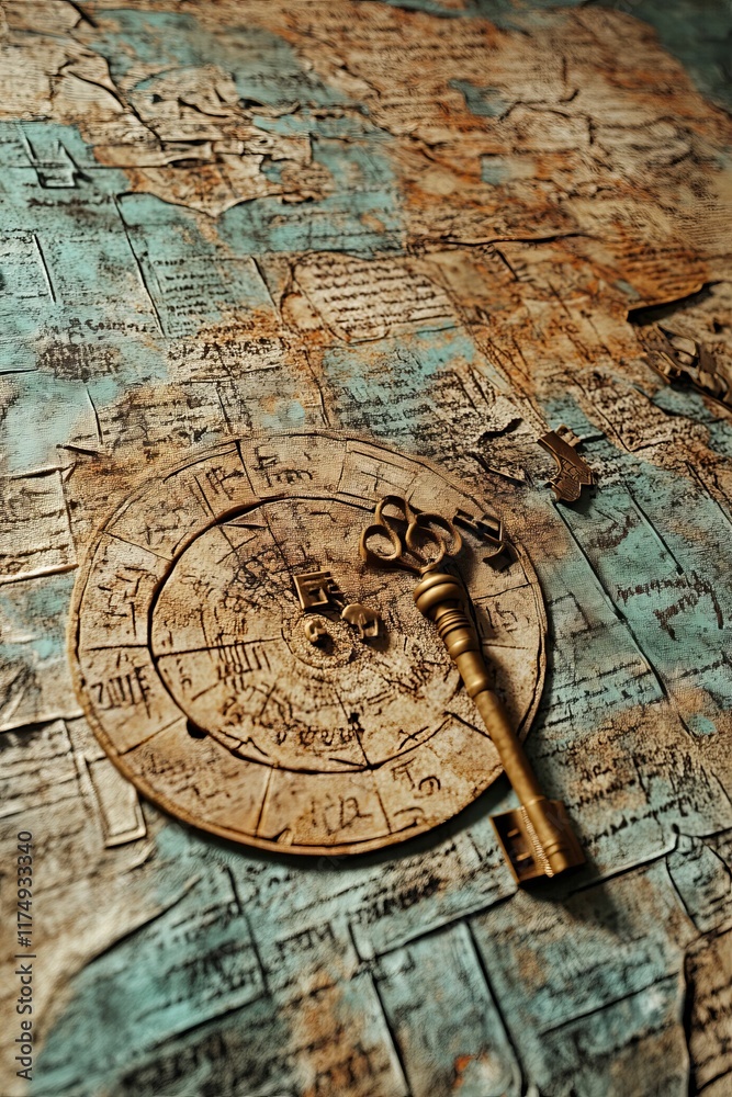 Obraz premium Antique key on aged map, cryptic symbols.