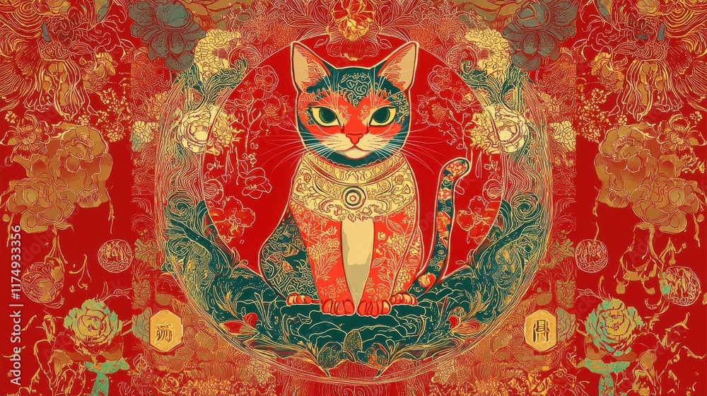 Obraz premium Majestic Ornate Cat in Red and Gold Chinese Floral Art