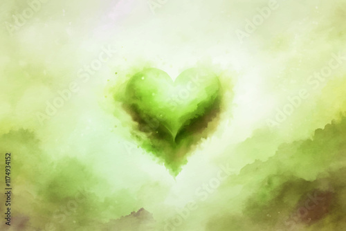 Soft green heart, watercolor texture, calming background, nature-inspired art, love and peace theme.