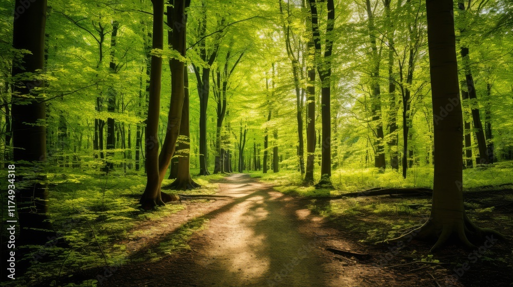Naklejka premium Scenic beech forest path, young green leaves, sunlight filtering through trees