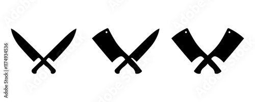 Restaurant knives set. Knife silhouette vector designs. Meat knives. Chef's knife and Meat cleaver. Butcher knife icons with x shape, vector illustration