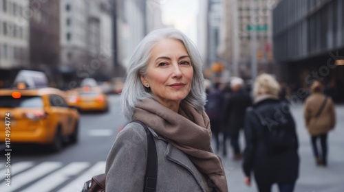 Confident Mature Woman in Urban Setting, Grey Hair, Stylish Coat, City Street, New York City,  Modern Lifestyle, Positive Vibes