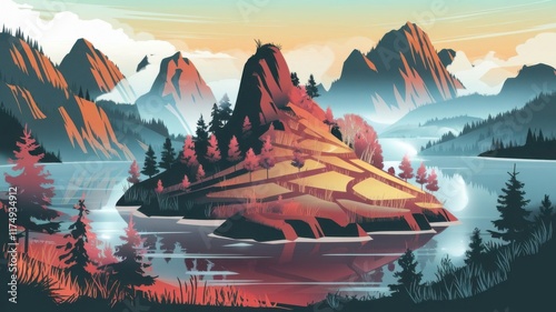 Early morning mountain landscape with pine forests, misty air, and warm golden light over the hills