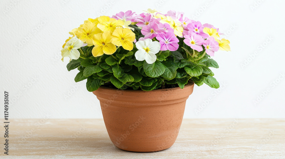 Bright and colorful flowering plant in classic clay pot, adding charm Bright and colorful flowering plant in classic clay pot, adding charm