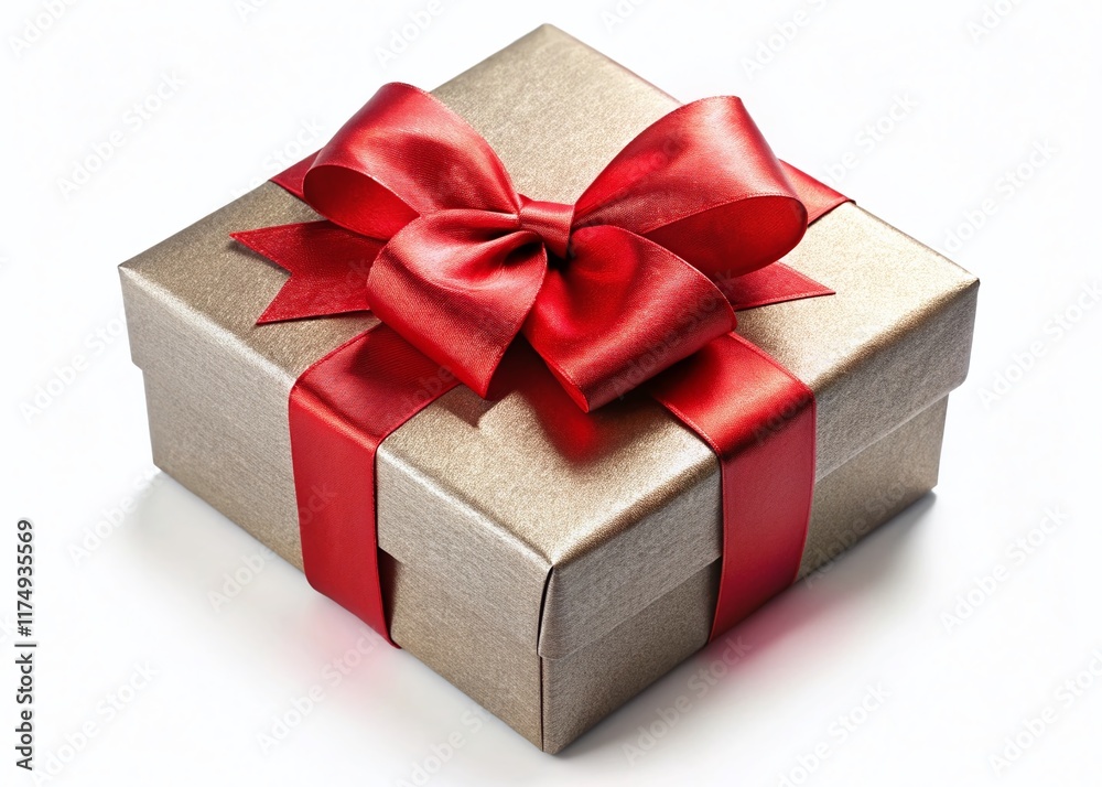 Obraz premium Elegant Red Ribbon Gift Box, Panoramic White Background Stock Photo