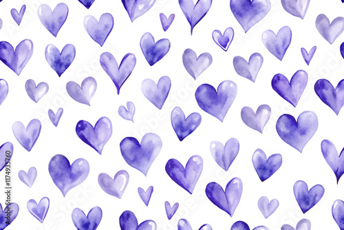 Purple watercolor hearts, soft pastel colors, romantic design, seamless pattern, perfect for stationery, love themes.