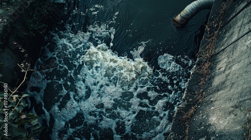 Industrial Drain Pipe Releasing Contaminated Water into a Polluted Stream photo