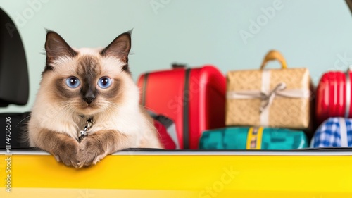 A cat lounges in a car window beside colorful luggage, ready for a journey. photo