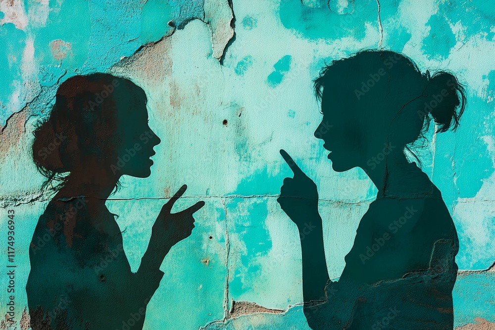 Obraz premium Two silhouettes arguing, teal textured background.