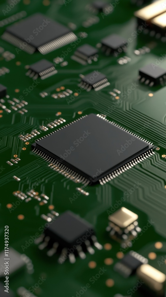 Close-up of a green printed circuit board with various electronic components, including microchips and connectors. The design conveys a hi-tech, futuristic feel. Close-up of a green printed circuit board with various electronic components, including microchips and connectors. The design conveys a hi-tech, futuristic feel.