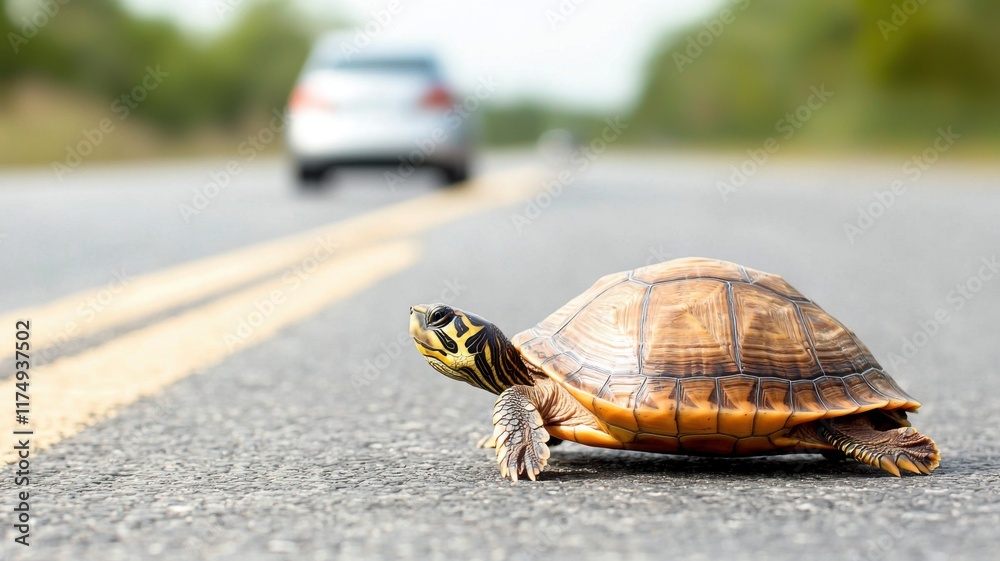 Obraz premium A turtle slowly crosses a road, with a car approaching in the background.