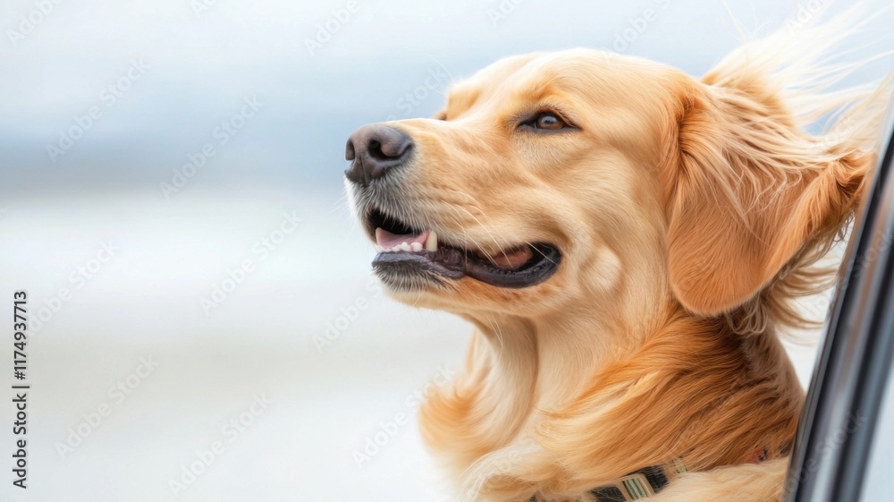 A golden retriever enjoying the breeze with its head out of a car window. A golden retriever enjoying the breeze with its head out of a car window.