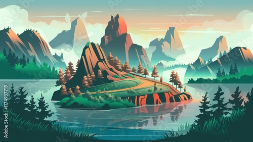 Early morning mountain landscape with pine forests, misty air, and warm golden light over the hills