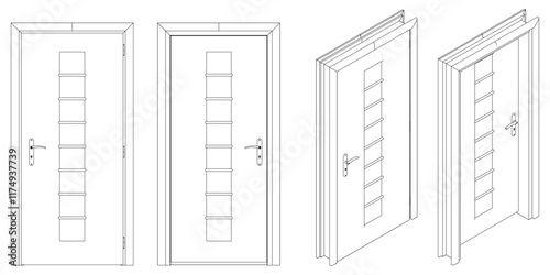 Icons set of doors types. Collection in thin linear style. Entrance to the house, classic wooden or glass interior doors. Simple design. Vector illustration isolated on white background.