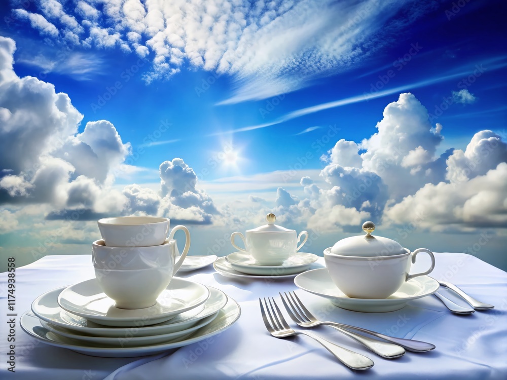 Fototapeta premium Elegant Table Setting with Cloudscape: Blue Sky, White Linen, Fine Dining